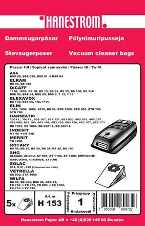 HANESTRÖM Dammsugarpåsar ELRAM BS 08, BS 095 5P