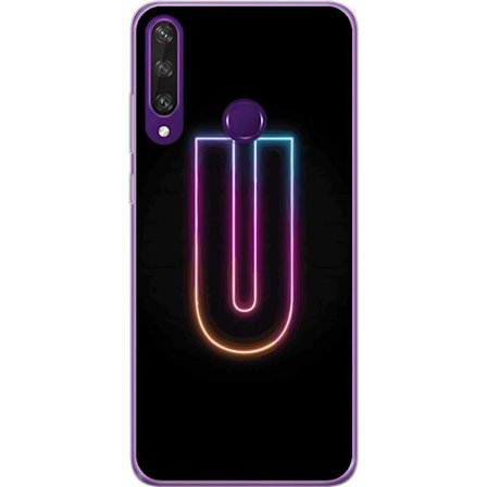 Kompatibel Mobilcover til Huawei Huawei Y6p Minimalistisk neonbogstav U i farverig lyseffekt mod sort baggrund