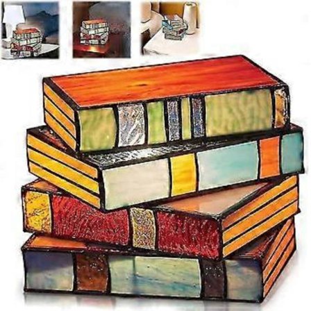 Bordslampa med staplade böcker i målat glas, antik lampa, sovrumslampa