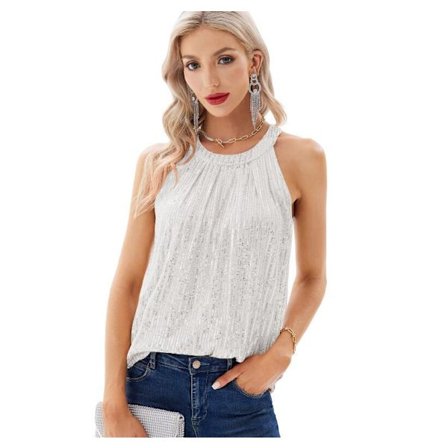Top til kvinder med pailletter, ærmeløs, hvid White-XF30-