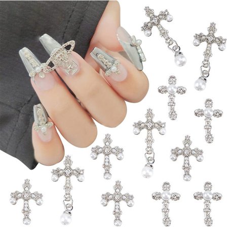 Set med 10 (5 av varje stil) crossover nagelkonstberlocker, 3D stora nageljuveler med pärlor för nageldekoration, antik stil blandade storlekar 