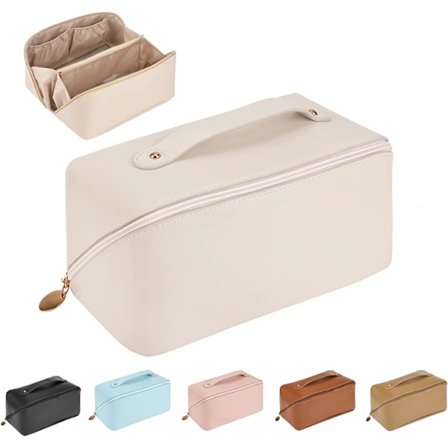 Resväska (Vit) Makeup Bag, Resväska Stor Kapacitet Makeup Bag, med Handtag och Avdelare, Vattentät PU
