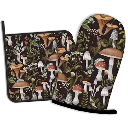 2-pak Grydelapper og Ovnhandsker med Svampe og Blade, Køkkenmadlavningshandsker Varmebestandig Pad til Bagning BBQ Boligindretning