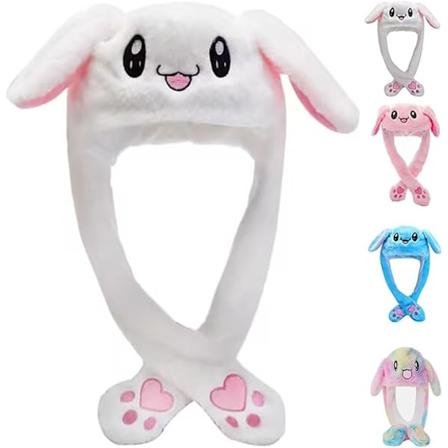 Kaninhatt med rörliga öron Hoppande Kaninhatt Rolig Söt Plyschdjursmössa med Tassar för Barn Kvinnor Flickor Fest Födelsedag Klä upp Cosplay Kostym 