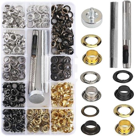 200 st Sömnadsöljetter 6mm Öljetter Kit Metallöljetter för Presenning/Bälte/Skor/Hatt/Fallskärm - med 3 st Verktyg och Förvaringslåda - 4 Färger