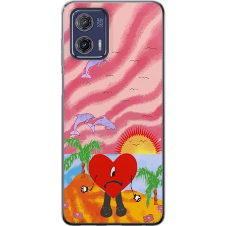 Kompatibelt Mobildeksel til Motorola Moto G73 Bad Bunny i en fargerik quiltet jakke med hjertemønster og solbriller i moderne gatestil