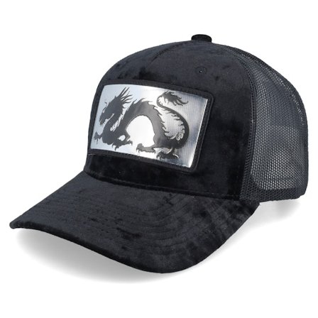 Calza Pennello - Černá trucker Kšiltovka - Chinese Dragon Silver Patch Velvet Black A-Frame Trucker @ Hatstore
