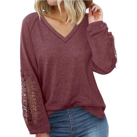 Dam V-ringad T-shirt Enfärgad Pullover Långärmad Blus