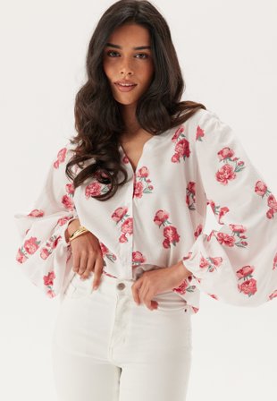 Happy Holly - Balloon Sleeve Blouse - Cream/Patterned