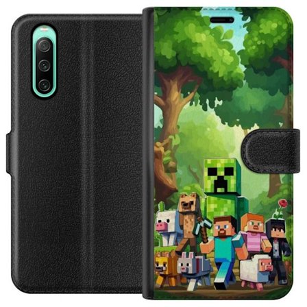 Yhteensopiva Lompakkokotelo Sony Xperia 10 IV Jämäkkä pikselöity pelimaailma, jossa vihreät hahmot ja eläimet rehevässä metsäympäristössä