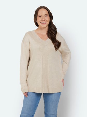 CISO - Langærmet Strik - Sand - V-Hals Med Ribdetaljer
