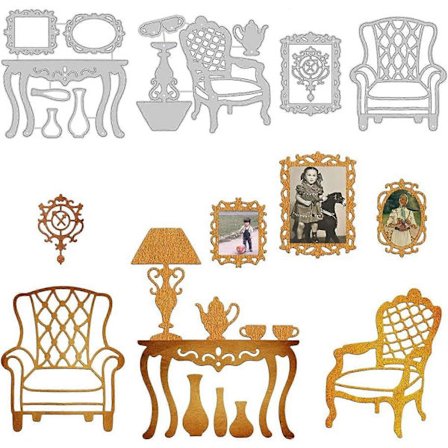 10 Ark Vintage Möbelstil Stansade Metallkort Skärande Dies för Fotoramstillverkning Hantverk DIY Scrapbooking Konst Album Dekorationer Stolar Bord La