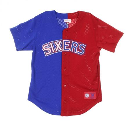 Mitchell & Ness, TEE Split Mesh Button Front Phi 76E Niebieski, Mężczyzna, Rozmiar: XL