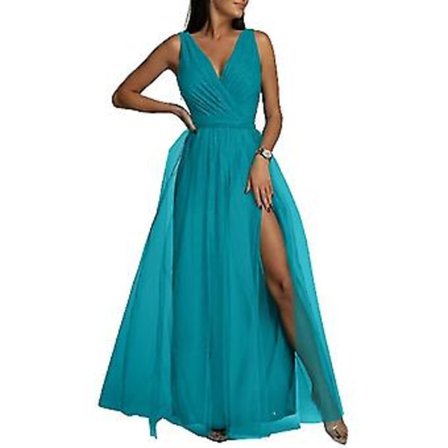 Dame V-hals Brudepige Bryllup Maxi Kjole Dame Galla Balkjole Aften Cocktail Party Slids Lange Kjoler Bedste Gave (L Blå)
