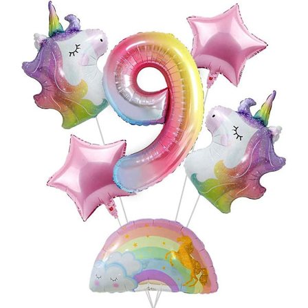 Enhjørning Fødselsdagsdekorationer til Piger 9 År - Buket af Enhjørning Balloner til Regnbue Enhjørning Festartikler (nummer 9)