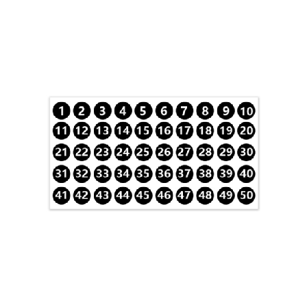 TG 1 til 50 nummerklistremerker, 10 ark med påfølgende svarte vinylnummerklistremerker