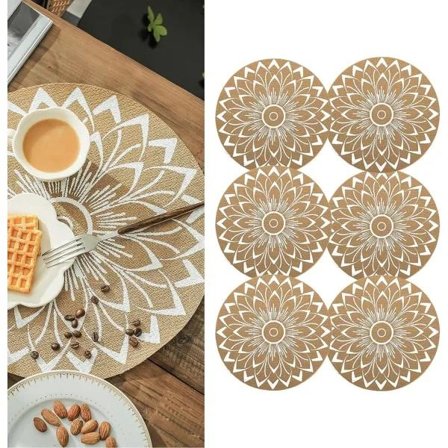 Set med 6 Boho PVC Runda Bordstabletter för Matbord Mandala Bordsmattor Tvättbara Värmebeständiga Bordstabletter Jute Retro Bordsdekoration