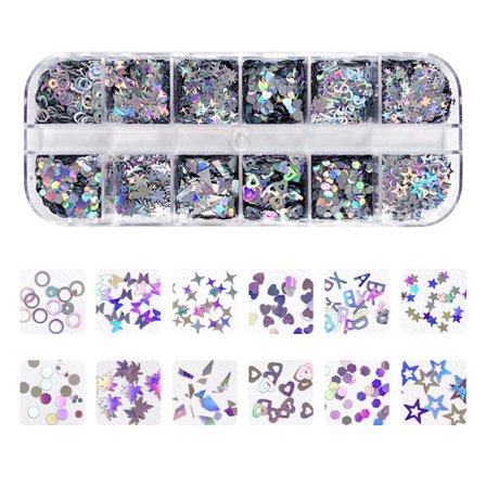 12 rutenett boks laser sølv negleglitter, lønneblad stjerne hjerte DIY