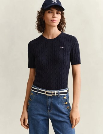 GANT Stretch Cotton Cable Ss C-Neck - Navy - S