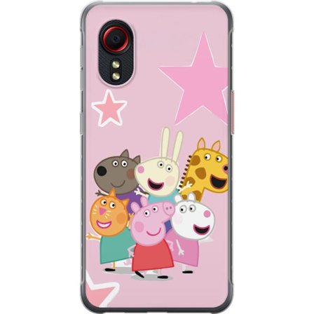 Kompatibel Mobilcover til Samsung Galaxy Xcover 5 Peppa Gris og venner samlet med stjerner på lyserød baggrund, farverig børneillustration