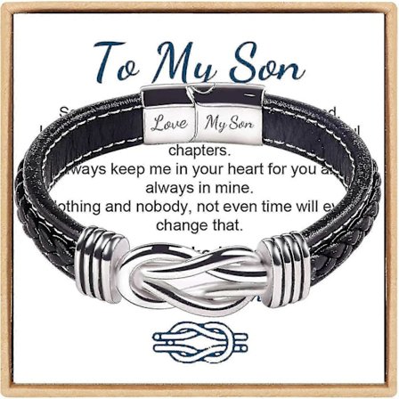 Armband till Min Son, För Alltid Förenade Tillsammans Flätad Läderarmband, Rostfritt Stål Magnetiskt Spänne Läderknut Manschett Armband, Tillbaka Till