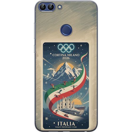 Yhteensopiva Puhelinkuori Huawei P smart Mäkihyppykuvitus, jossa hiihtäjä tähtää kiväärillä lumisella radalla, teksti Milano Cortina 2026 ja olympiala