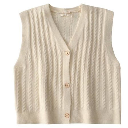 Veste uten ermer for kvinner, strikket topp med knappestolpe, avslappet V-hals