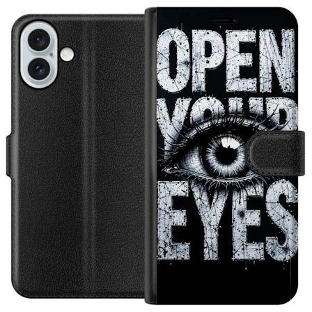 Kompatibelt Lommeboketui til Apple Apple iPhone 16 Plus Mørk typografisk illustrasjon med øye og teksten Open Your Eyes, sterk kontrast og rå kunst