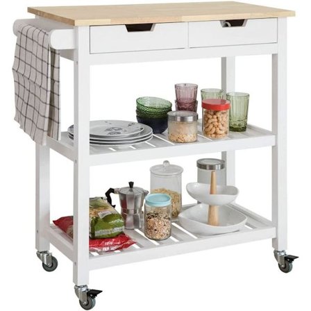Rootz Køkken Opbevaringsvogn Serveringsvogn Køkkenhylde med gummitræ Top 2 skuffer 2 hylder