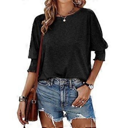 Dam Tröja med Rund Hals, Tunika, Topp, T-shirt med 3/4 Ärm, Basic T-shirts, Basic Blusar, Enfärgad, Lös Passform, Tunika, Blusar Svart L(L Svart)