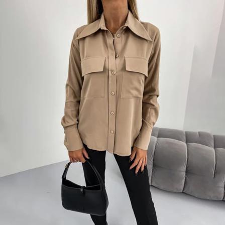 Kvinnor Enfärgad Button Down Toppar Lapel Neck Casual Tunika Skjorta