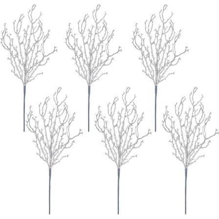 6 Sølv Glitter Grener Blomsterkvist Spray Kunstig Pyntestilker Glitrende Skimmer for Julekransfyll Hjemmedekorasjon