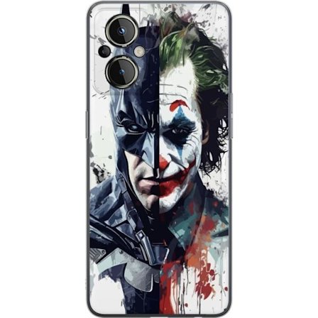 Kompatibel Mobilcover til OnePlus OnePlus Nord N20 5G Delt portræt af Batman og Joker i dramatisk illustration, ikonisk superhelte motiv med mørk ku