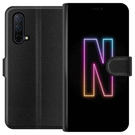 Kompatibel Tegnebogsetui til OnePlus OnePlus Nord CE 5G Minimalistisk neonbogstav N i farveskiftende lys mod sort baggrund