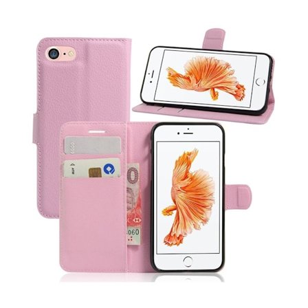 Laudrup iPhone 7 / 8 Litchi Grain læderpung med stativ - Pink