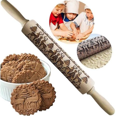 Juletræsrullepind i Træ med Präget Hjorte- og Træmønster