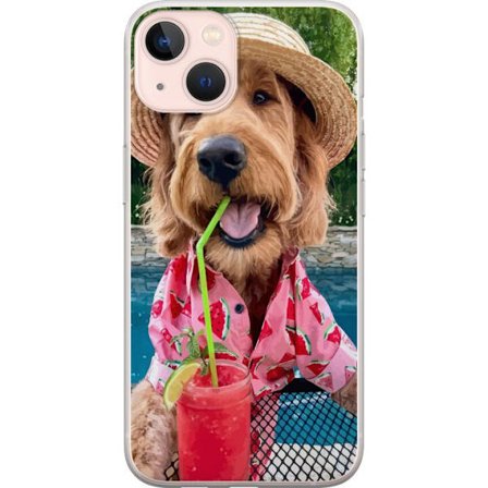 Kompatibel Mobilcover til Apple Apple iPhone 13 mini Sommerhund drikke motiv med glad hund i hat og lyserød skjorte drikker en smoothie ved poolen pe
