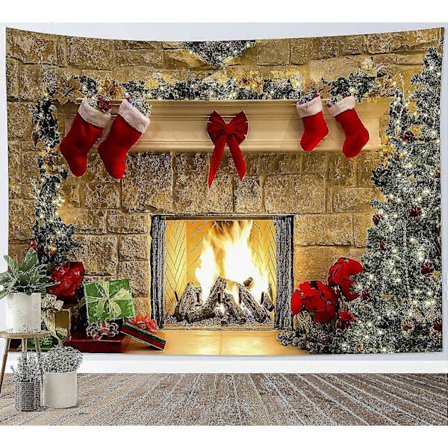 Sovrum Sovsal Jul Öppen Spis Tapestry Väggbonad Julgran med Julstrumpor, Bakgrundsbild (131,8 x 150,1 cm)