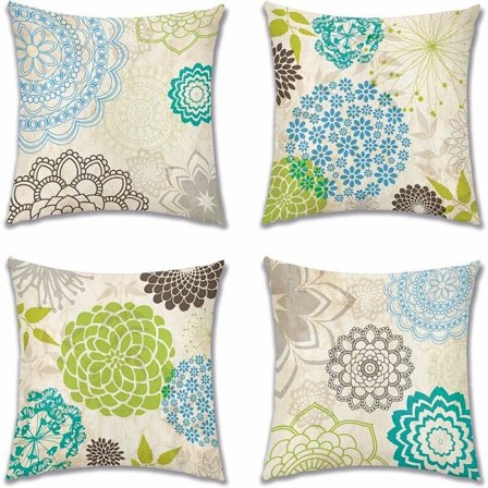 Tyynynpäällinen, Triomphe-setti, 4 pellavatyynyä kotiin, olohuoneeseen, makuuhuoneeseen, sisustukseen, 45 x 45 cm (Dahlia sininen ja vihreä)