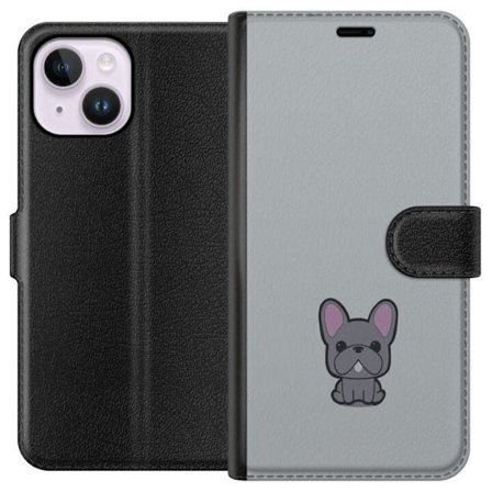 Apple iPhone 14 Plus Lompakkokotelo Frenchie Cutie -suunnittelu, jossa on piirretty ranskalainen bulldoggi harmaalla taustalla, söpö minimalistinen