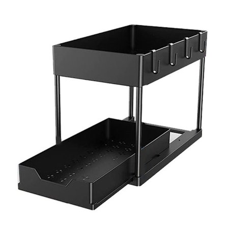 Ulosvedettävä 2-tasoinen musta ruostumattomasta teräksestä valmistettu maustehylly keittiön kaappiin, jossa on syömäpuikkoteline