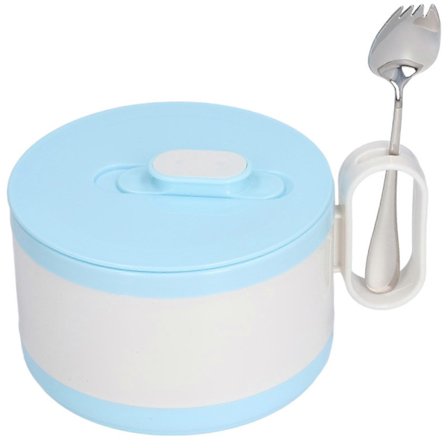 Ramen skål i rustfrit stål, dobbelt isolering, instant nudelskål med låg til kontorarbejdere, studerende, blå fastfood skål +304 ske KJD