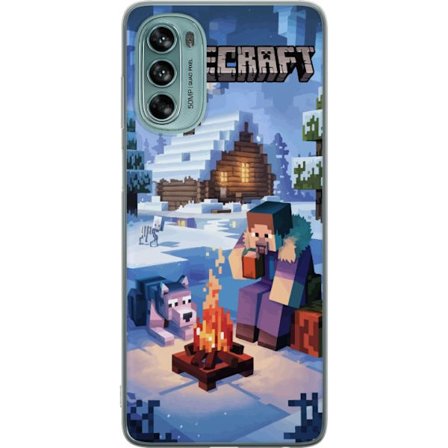 Kompatibel Mobilcover til Motorola Moto G62 5G Minecraft vinterscene med Steve, ulv, bål og sneklædt hytte spil-inspireret illustration perfekt til Mi