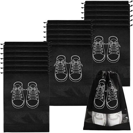 20 STK. - Sort Rejsetaske til Sko, Vandtæt og Støvtæt Fleece Skotaske Sæt, med Transparent Vindue og Snøre