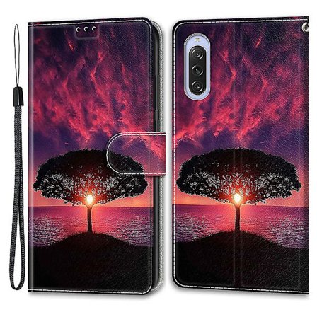 För Sony Xperia 10 V korthållare Phone case Stativ Cover med rem träd/solnedgång