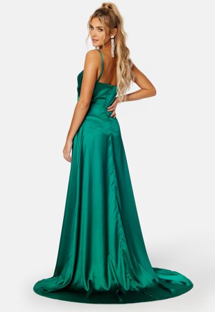 Elle Zeitoune Magnolia Satin High Slit Dress Emerald Green Klær