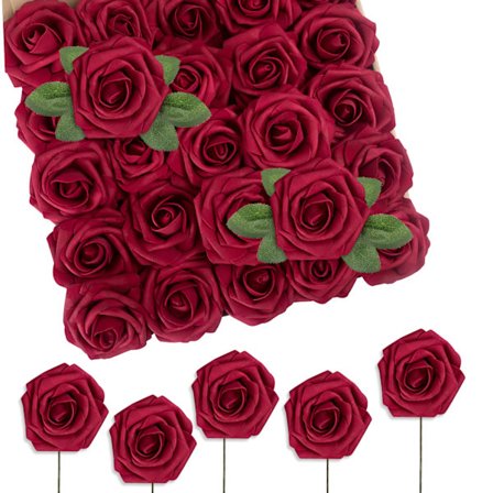 Kunstige roser, 25-pakning dekorative blomster falske roser med stilker DIY brudebuketter brude hjemmedekorasjon, mørkerød