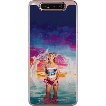 Kompatibelt Mobildeksel til Samsung Galaxy A80 Blond kvinne i fargerik strandantrekk som leker i havet ved solnedgang