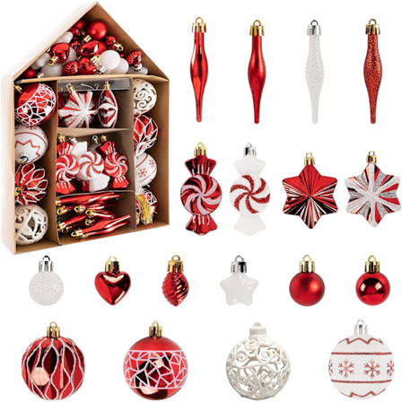 Julepyntsett, 73 stk. julekuler, rød og hvit, ubruddbar pyntsett for juletre