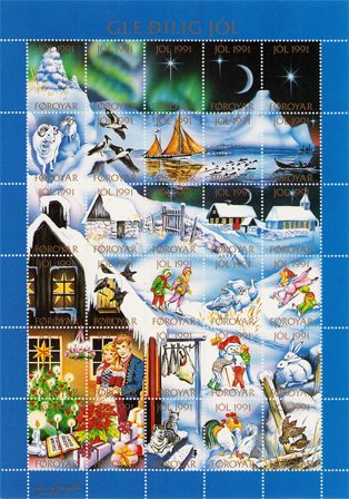 Færøerne - julmärkeark 1991 - Utakket øvre margin - Ubrugt eller foldet